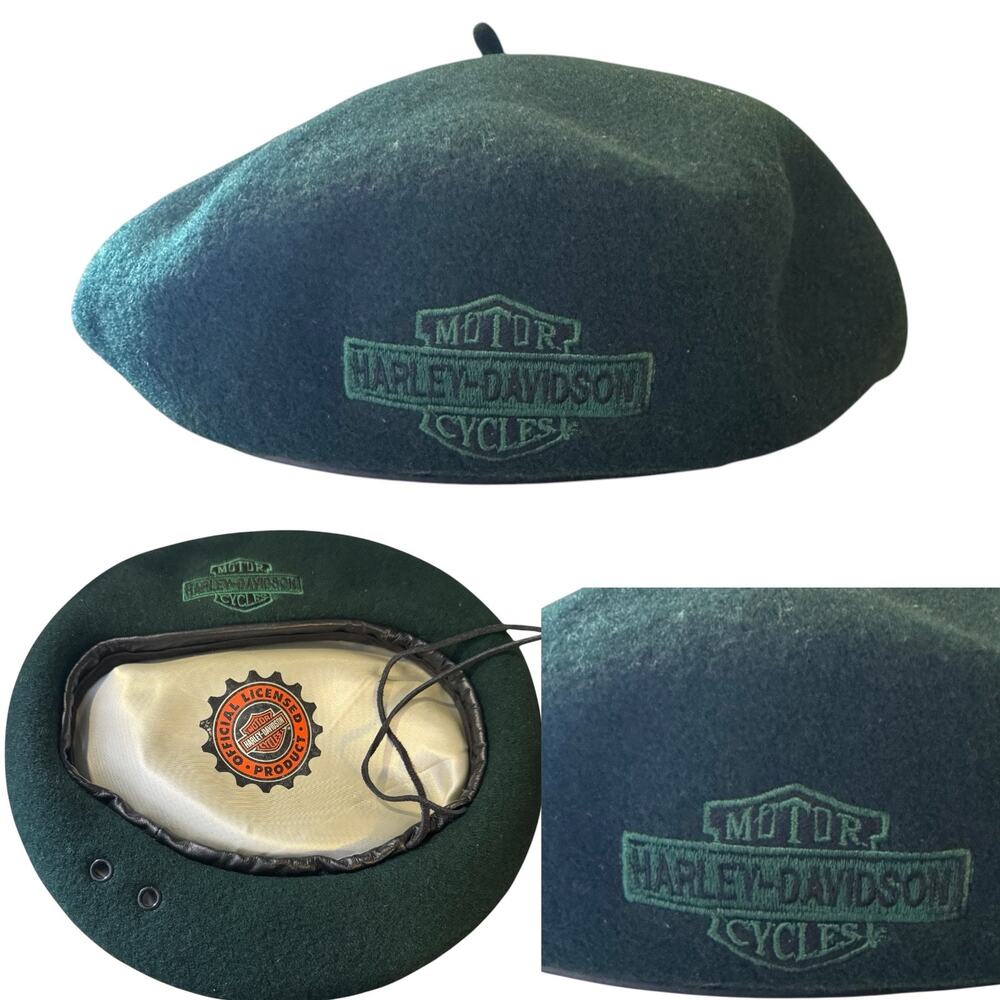 Harley Davidson Green 100% Wool Bar & Shield Beret Made in Czech Republic Vtg